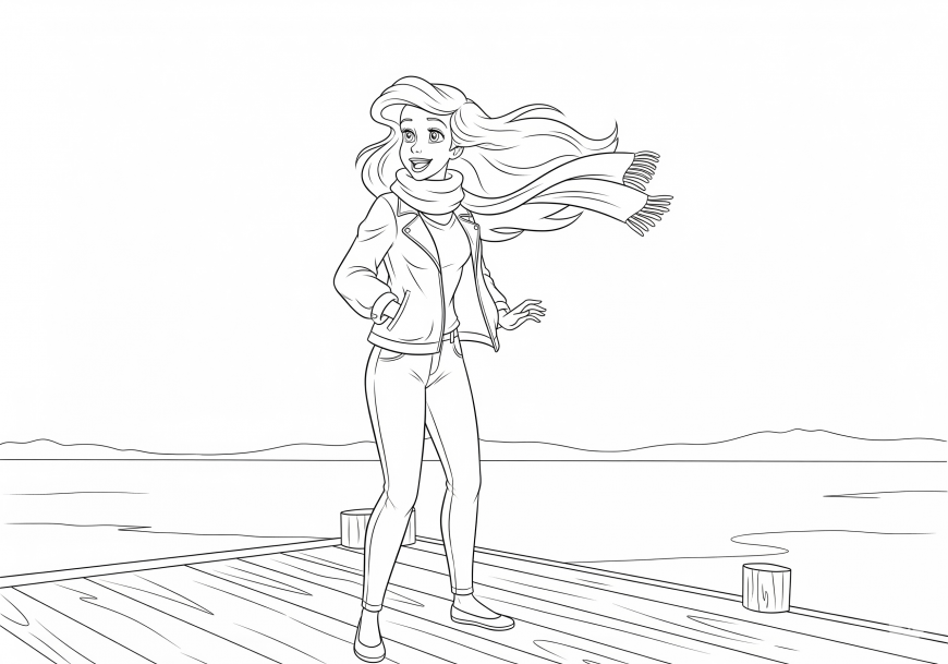 Ariel Coloring Page – Walking on the Pier in Fall Breeze