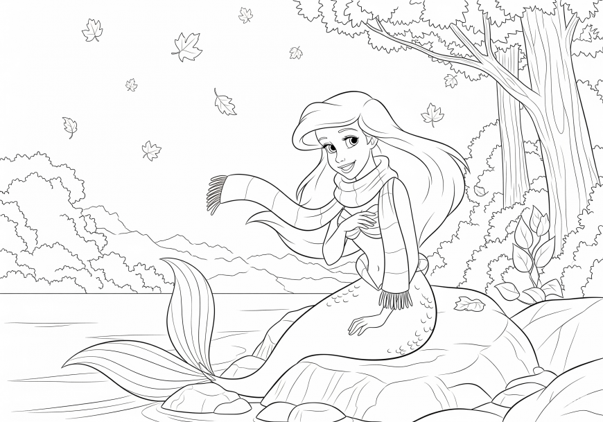Mermaid Ariel Coloring Page – Autumn Wind and Falling Leaves