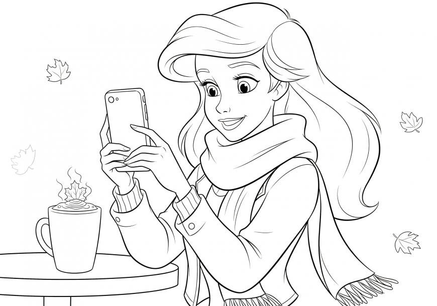 Ariel Coloring Page – Autumn Coffee and Phone Moment