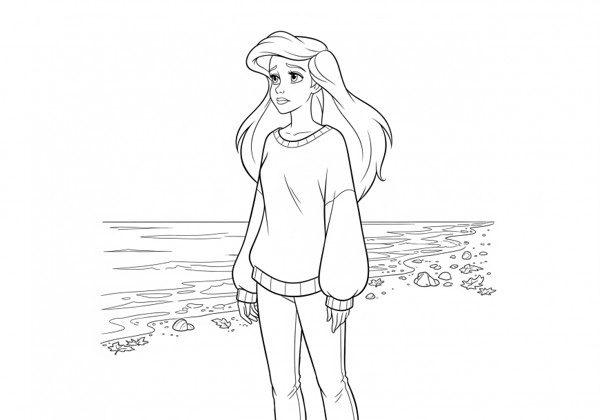 Ariel Coloring Page – Thoughtful Autumn Walk by the Seaside