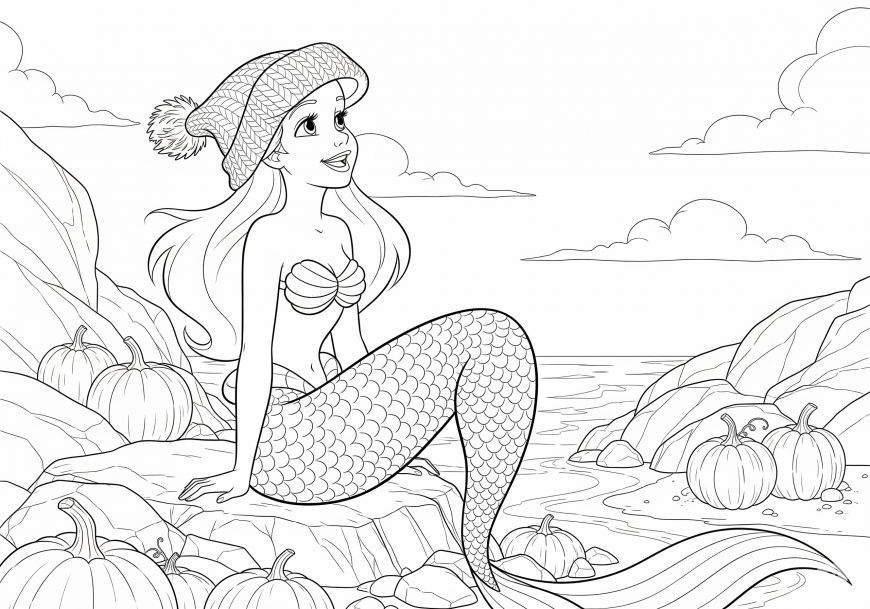 Ariel Coloring Page - Autumn Beach with Pumpkins