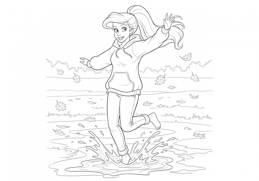 Ariel Coloring Page – Jumping in Autumn Puddles