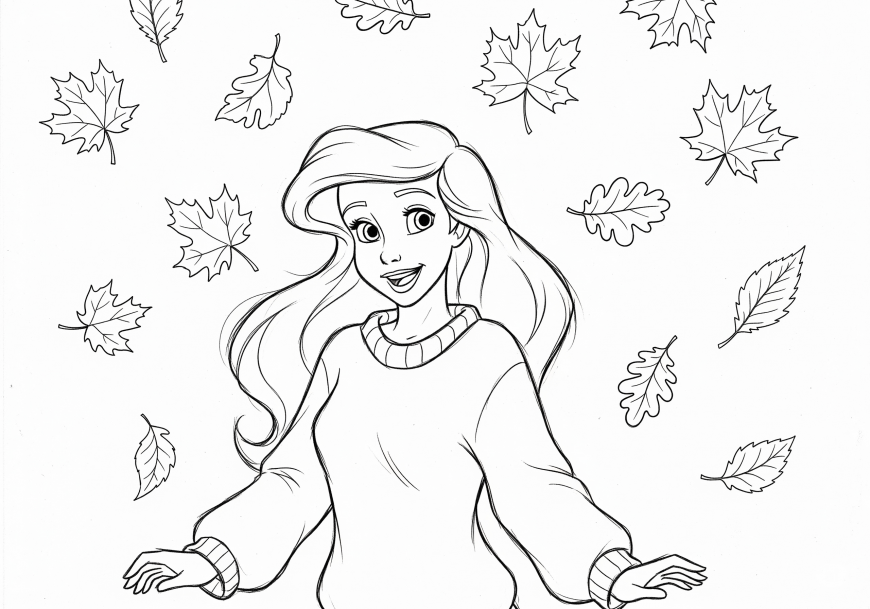 Ariel Coloring Page - Smiling with Falling Leaves