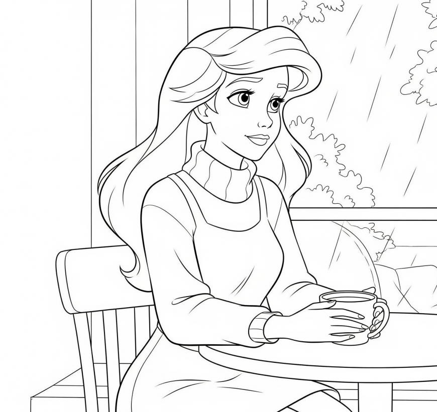 Ariel Coloring Page – Relaxing with Coffee by the Window