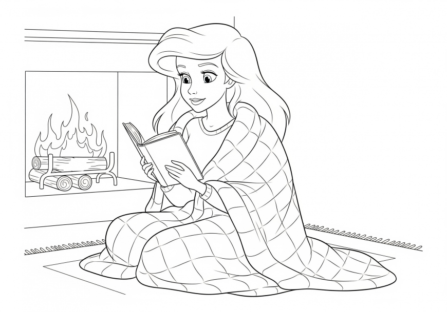 Ariel Coloring Page - Cozy Reading by the Fireplace in Fall