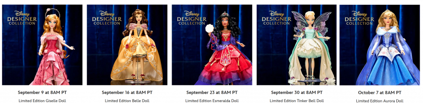 2025 Limited Edition Disney Designer Collection dolls: Aurora, Belle, Esmeralda, Giselle, Tinkerbell