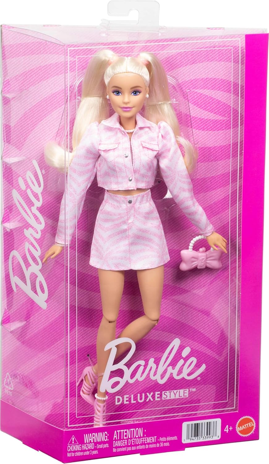 Barbie Deluxe Style Fashion Doll #9 in Matching Pink Denim Jacket & Skirt Set, Blonde JJN69