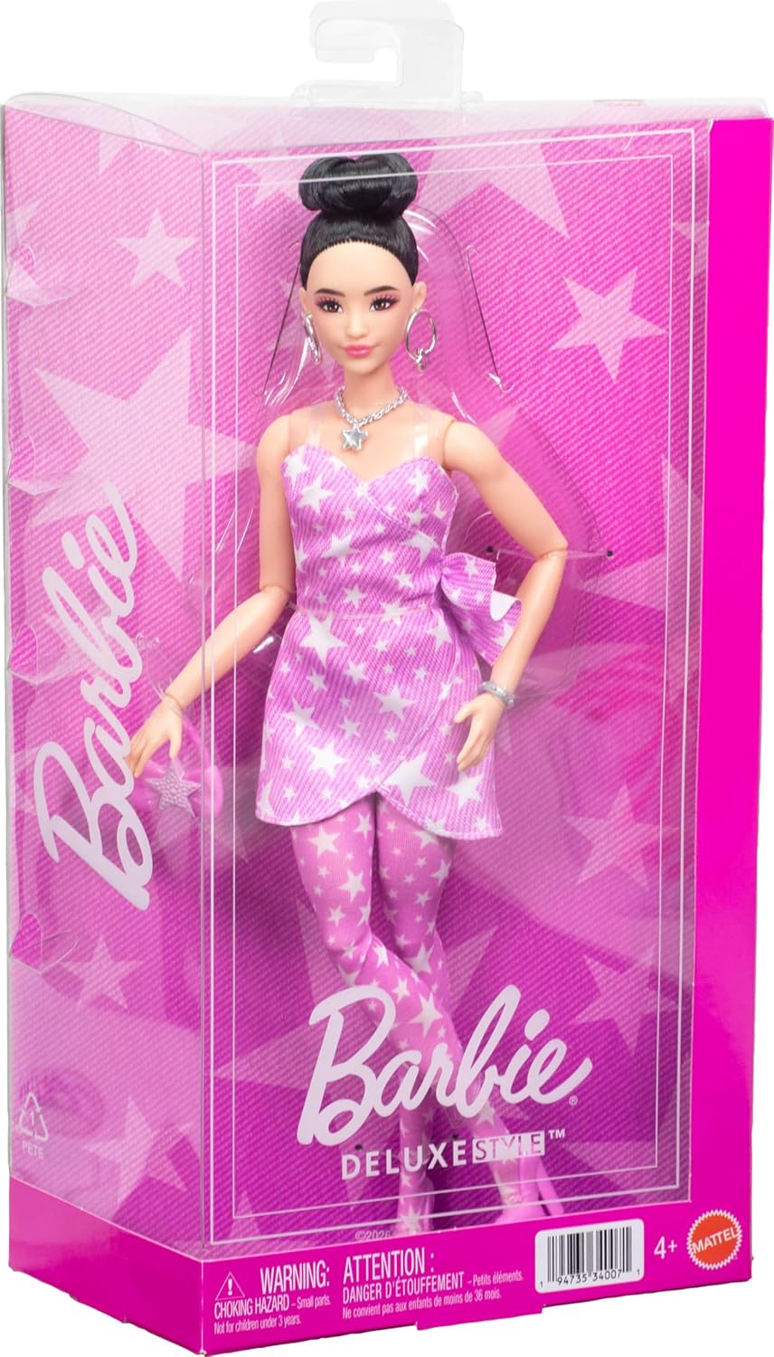 Barbie Deluxe Style Fashion Doll #11 in Pink Denim Star-Print Dress, Black Hair in Bun JJN71