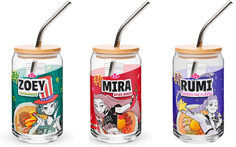 KPop Demon Hunters Rumi, Mira and Zoey Ramyeon Can Shaped Glass cups