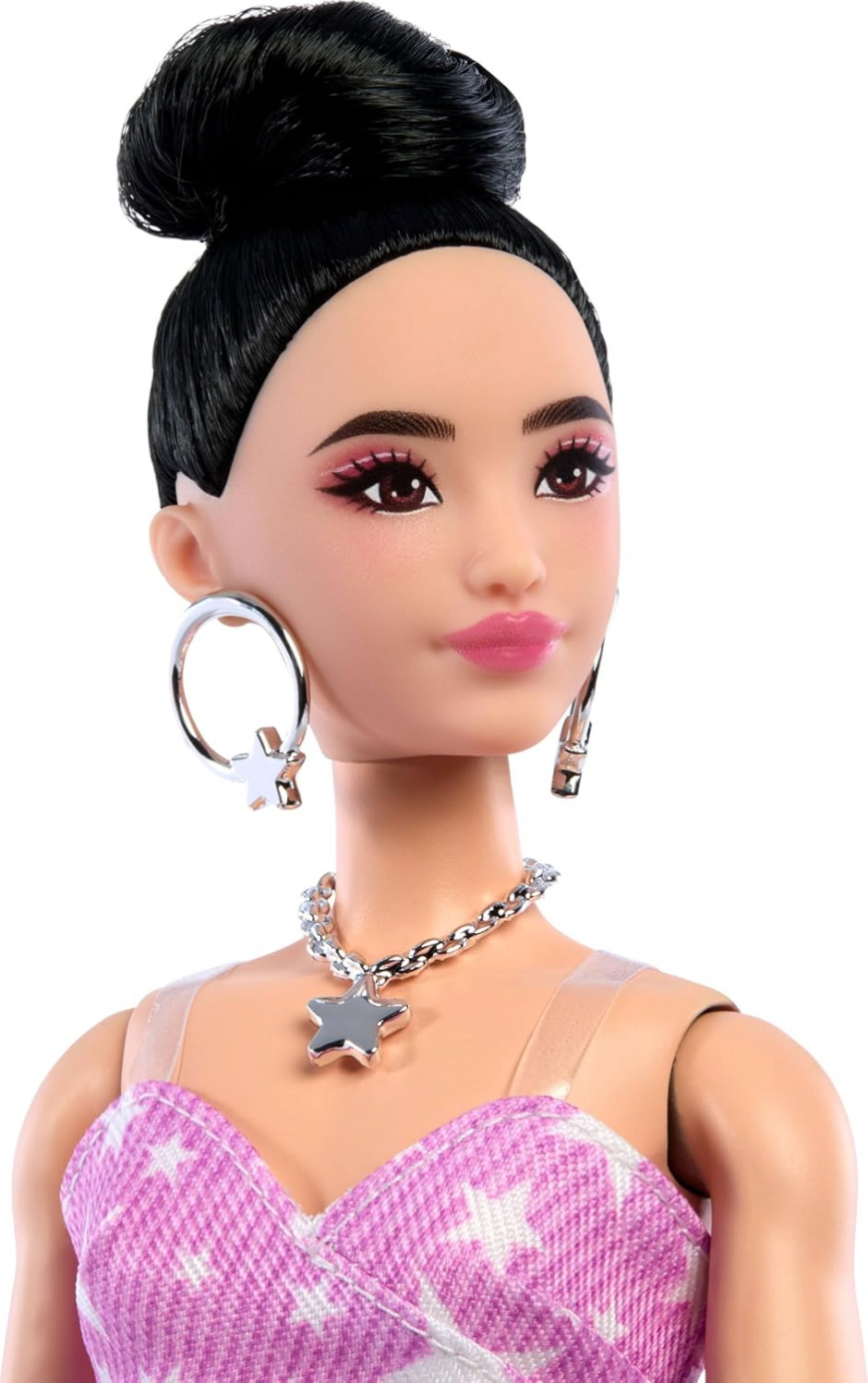 Barbie Deluxe Style Fashion Doll #11 in Pink Denim Star-Print Dress, Black Hair in Bun JJN71