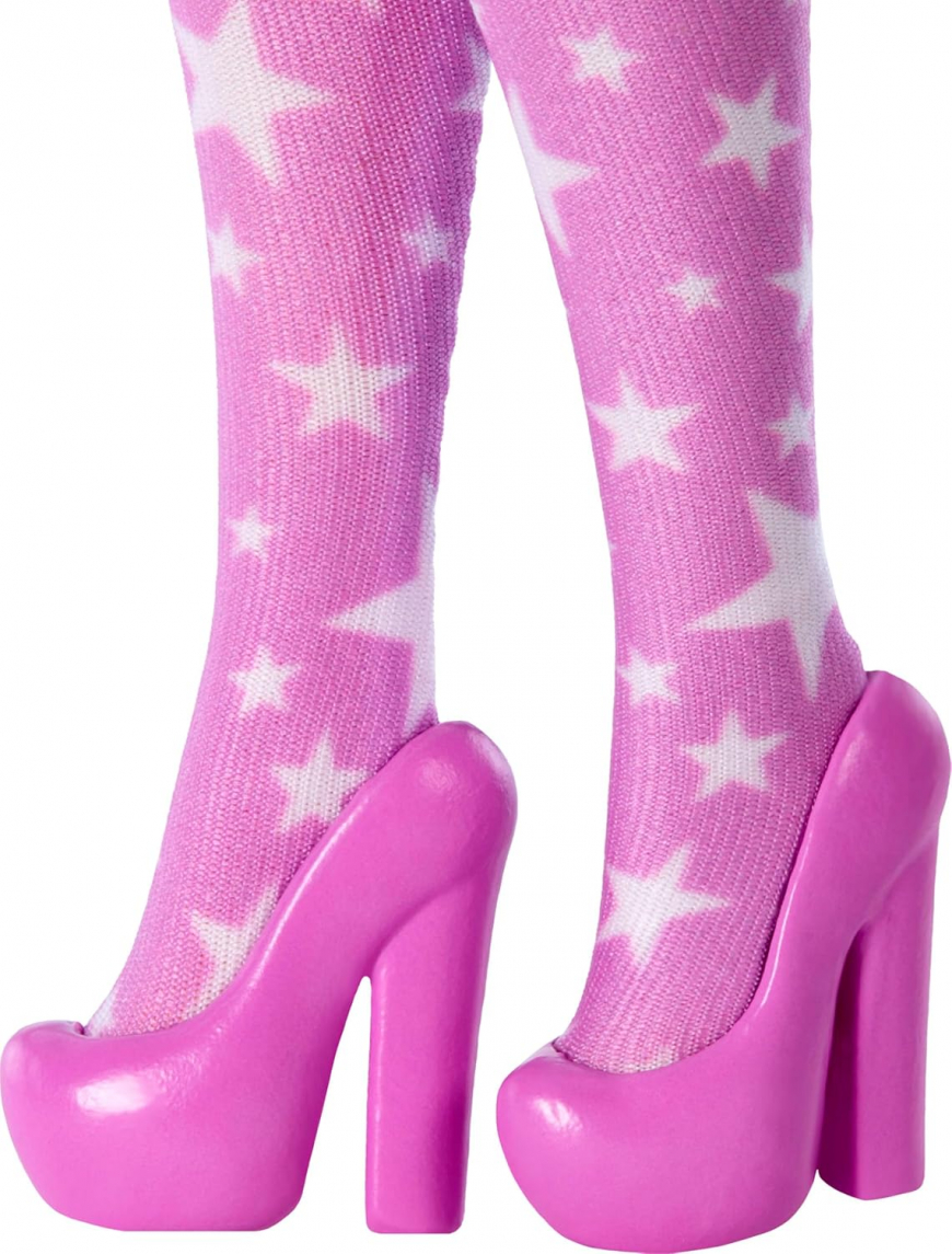 Barbie Deluxe Style Fashion Doll #11 in Pink Denim Star-Print Dress, Black Hair in Bun JJN71