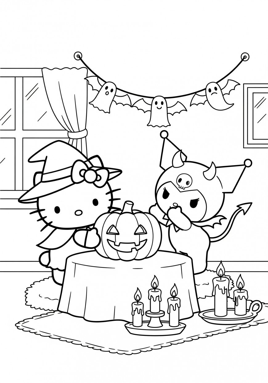 Hello Kitty Halloween and Fall coloring pages