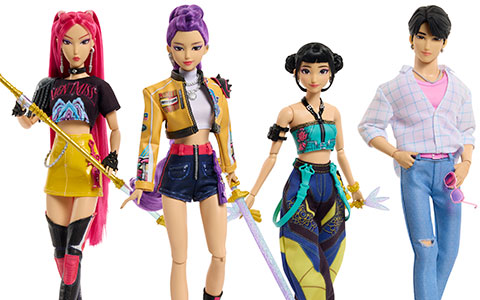 KPop Demon Hunters Huntrix Rumi, Mira, Zoey Ramyeon and Jinu fashion dolls from Mattel