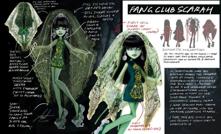Monster High Skullector Scarah Screams doll Fang Club Concept art and design details