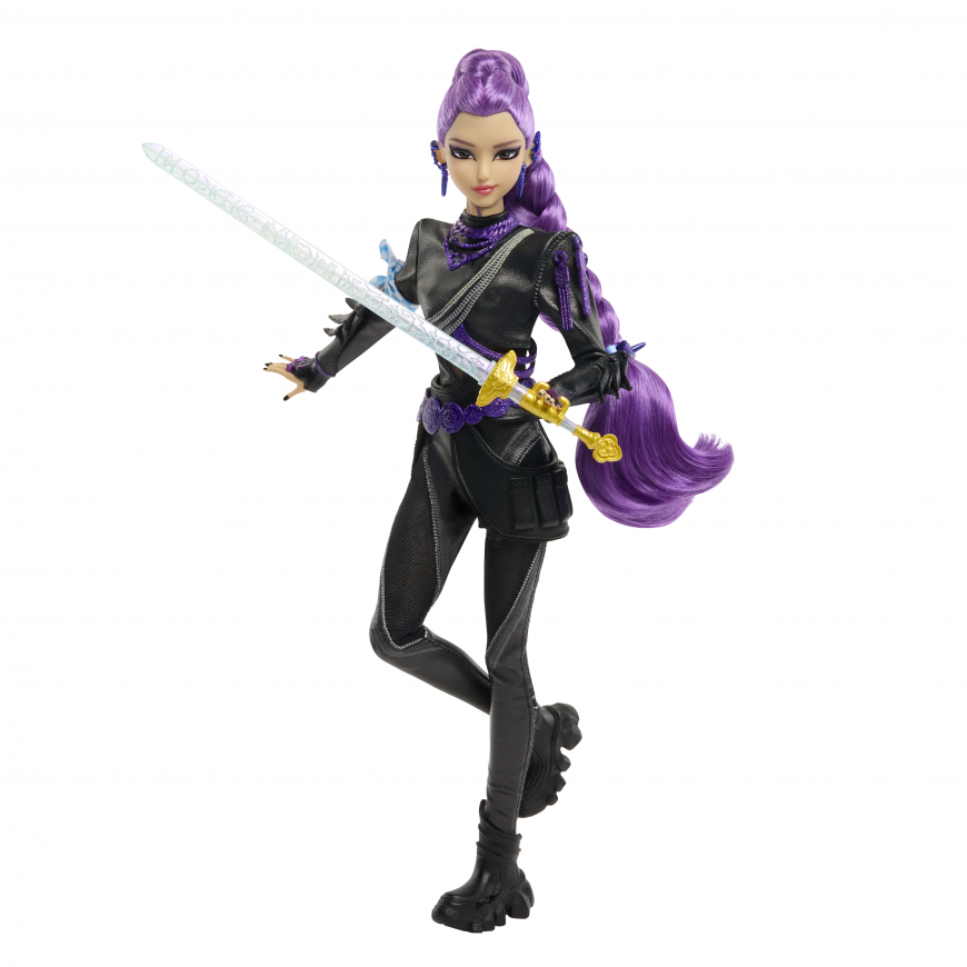 KPop Demon Hunters Deluxe Rumi fashion doll in black latex bathhouse battle outfit