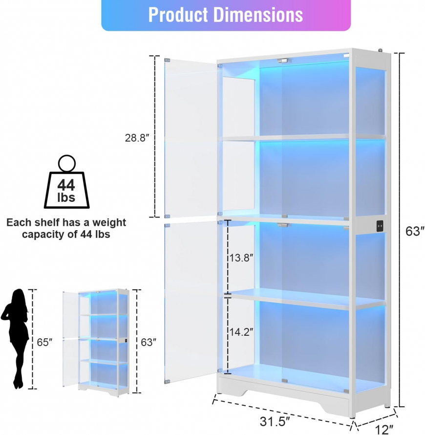 knoworld Display Cabinet with Glass Doors, 63" Tall shelves for Action Figures, Collectibles, Books
