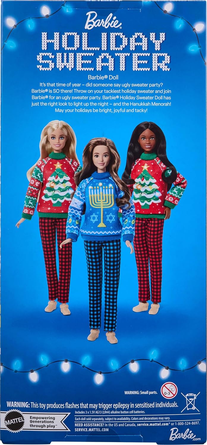 Barbie Holiday Sweater Hanukkah Doll with Brunette Wavy Hair JML11
