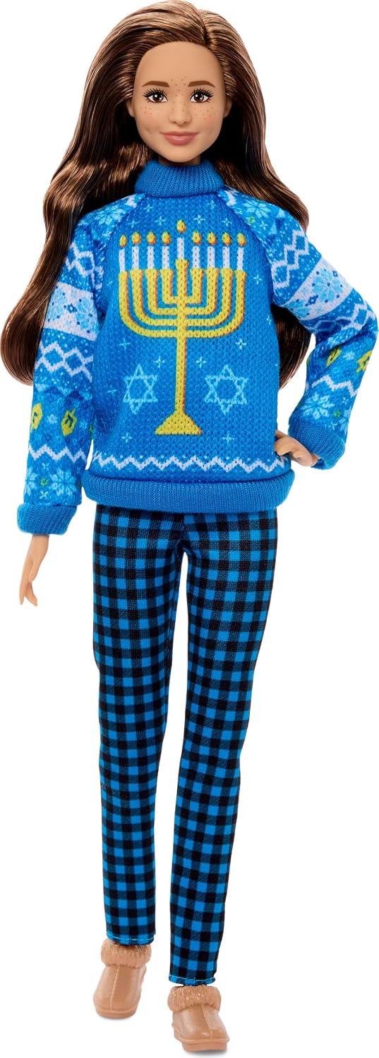 Barbie Holiday Sweater Hanukkah Doll with Brunette Wavy Hair JML11