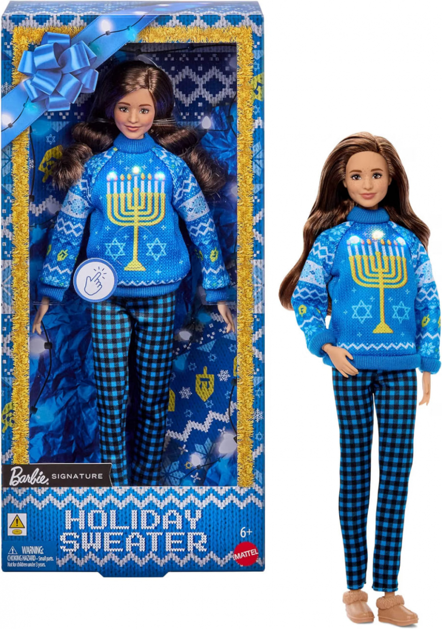 Barbie Holiday Sweater Hanukkah Doll with Brunette Wavy Hair JML11