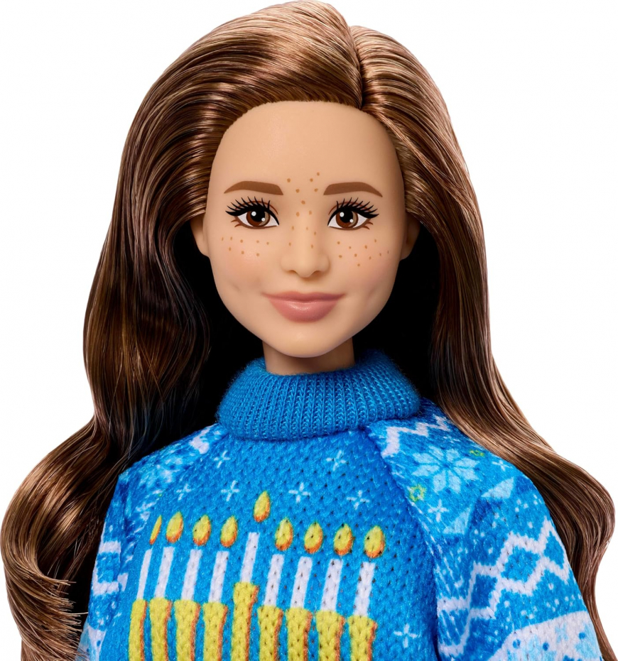 Barbie Holiday Sweater Hanukkah Doll with Brunette Wavy Hair JML11